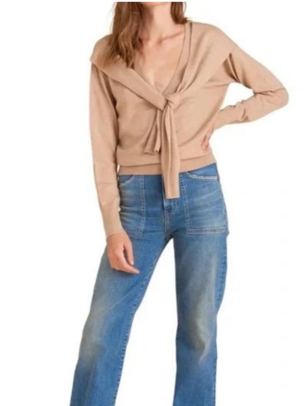 Veronica Beard Leni Sleeve-tie Merino Wool Sweater In Camel Size Medium